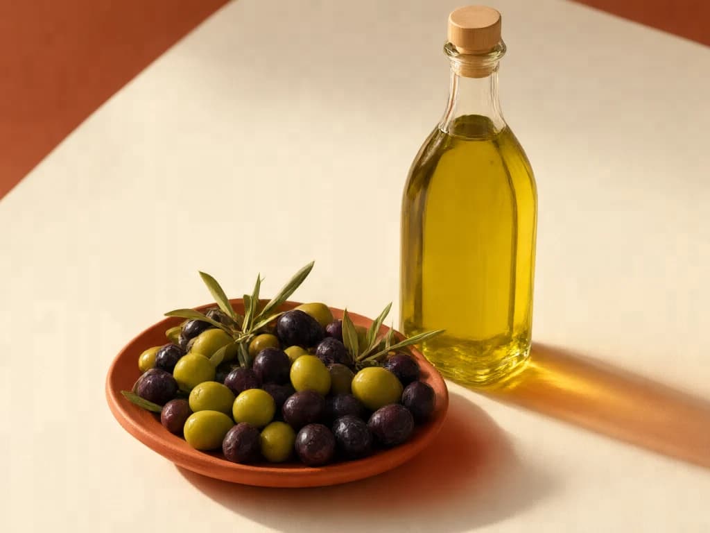 Olive scure e verdi accanto a una bottiglia di vetro trasparente di olio, su un tavolo semplice.