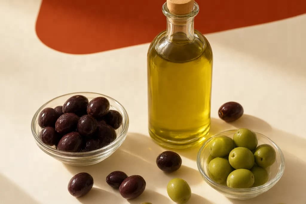 Olive scure, olive verdi e una bottiglia di olio disposte insieme come una linea di prodotti.